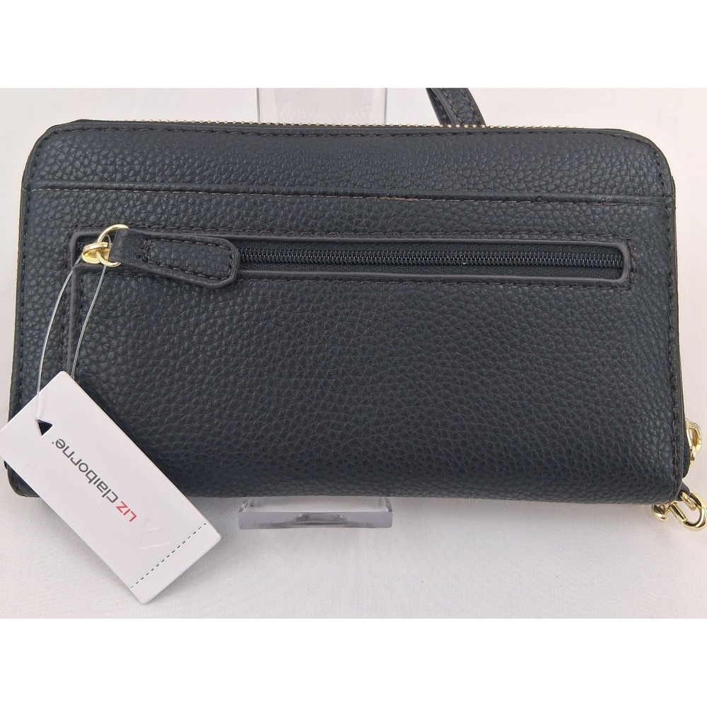 Liz Claiborne Erica Zip Wallet Black Pebbled Wristlet Gold Tone Hardware NEW